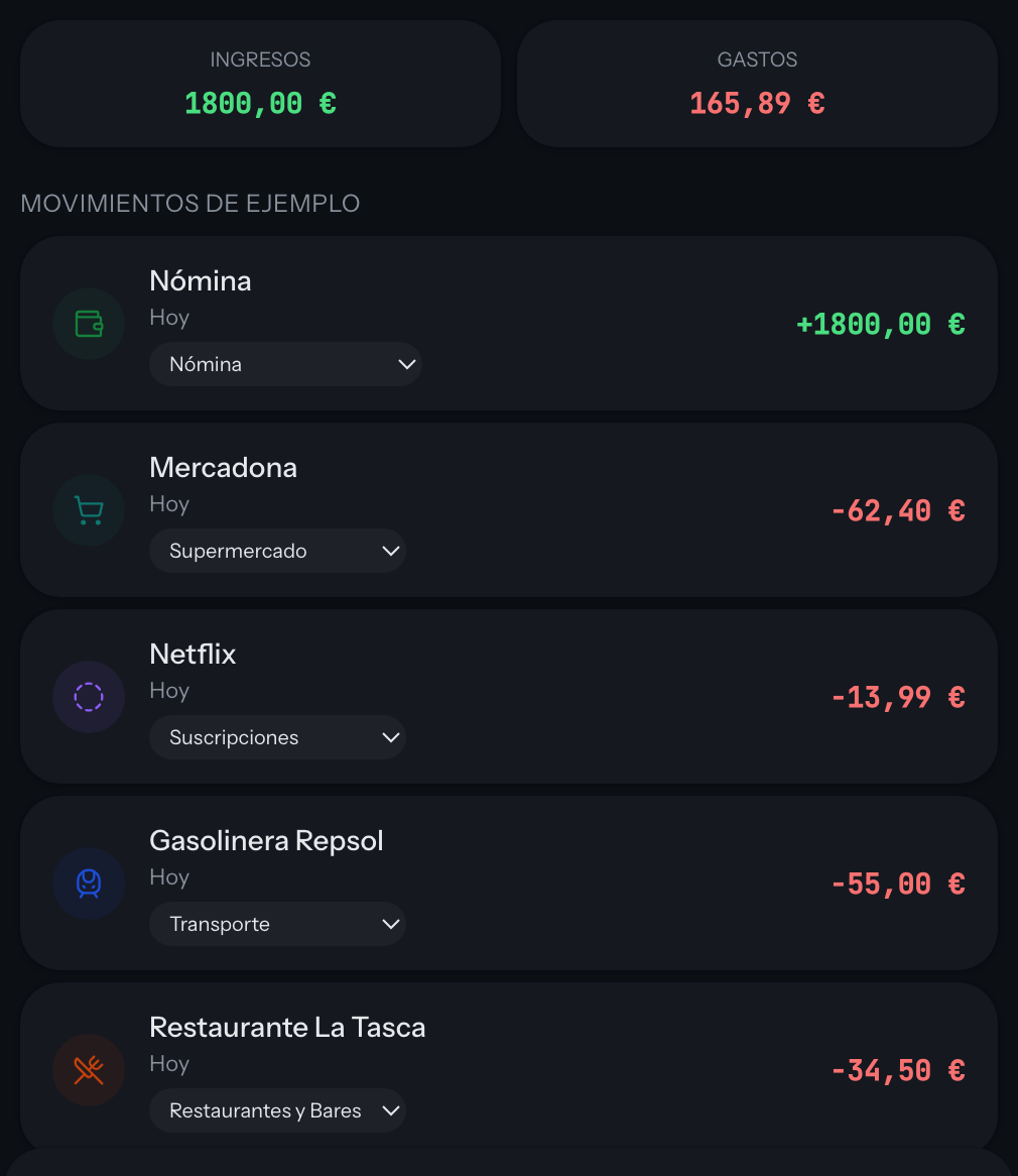 Captura real de la demo: 1.800,00 € de ingresos, 165,89 € de gastos categorizados automáticamente