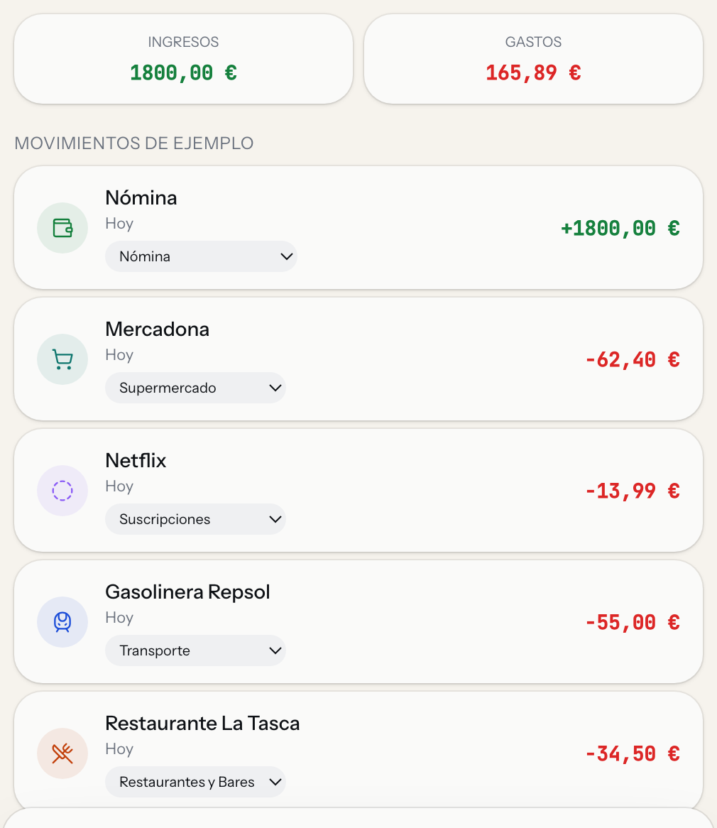 Captura real de la demo: 1.800,00 € de ingresos, 165,89 € de gastos categorizados automáticamente